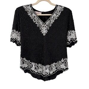 Vintage 90's 100% Pure Silk Laurence Kazar XL Faux Pearl Embellished Evening Top